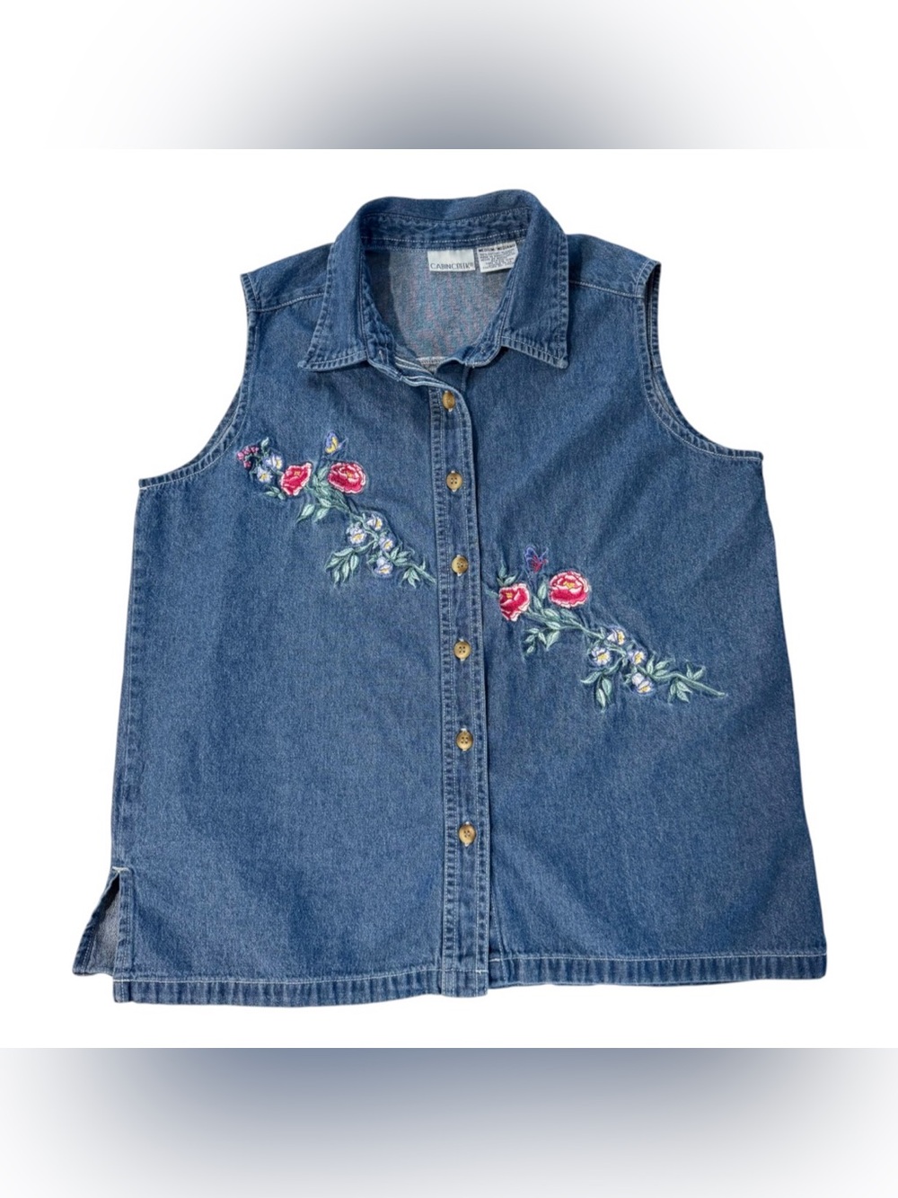 Vintage 90s Cabin Creek Blue Denim Sleeveless Button-Down with Rose Embroidery M